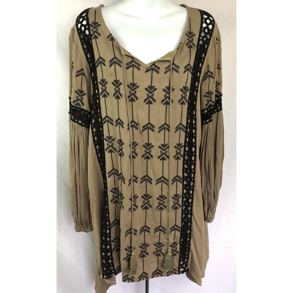 Velzera Mini Dress S Brown Geo Tie ScoopNeck Hippie Boho Peasant Beach Cover Up